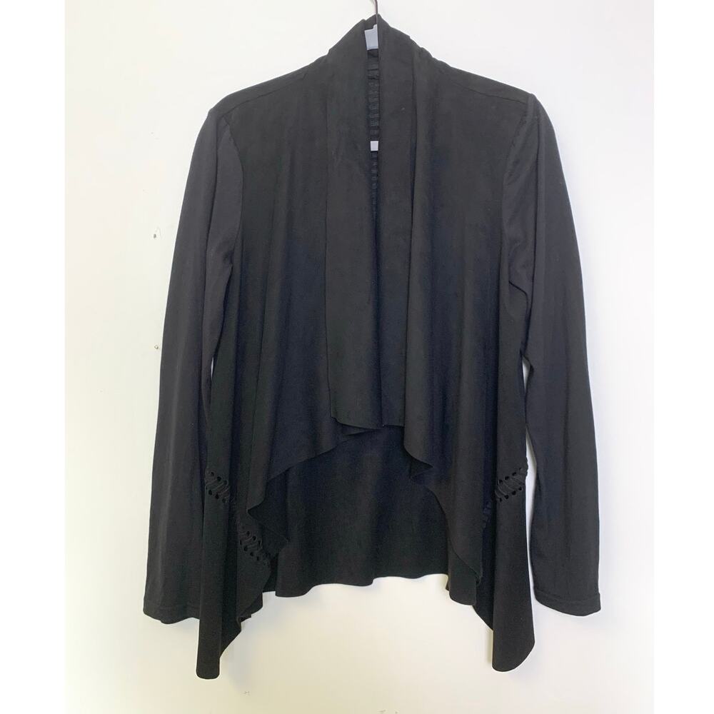 Black Open Front Cardigan Jacket Womens M Long Sleeve Draped Suede-Like Edgy